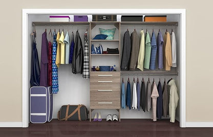 ClosetMaid SuiteSymphony Wood Closet Organizer Kit with Tower, 3 Hang Rods, Top Shelves, 4 Drawers, Modern Adjustable, Fits Spaces 6-10 ft. Wide, Natural Grey