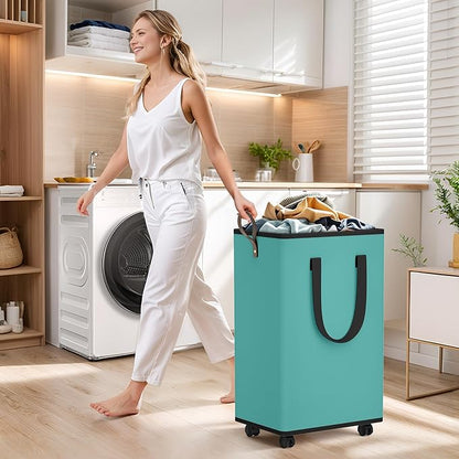 Laundry Basket with Wheels, Collapsible Laundry Baskets, Laundry Hamper with Handles Detachable Wheels, Rolling Laundry Basket, Dirty Clothes Hamper for Bathroom, Dorm, Bedroom, Green, 80L