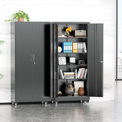 INTERGREAT73 Garage Storage Cabinet with Wheels, Rolling Metal Storage Cabinet with Locking Doors and 4 Adjustable Shelves,- 73" Steel Tool Cabinet for Home Office,Garage,Warehouse，Black