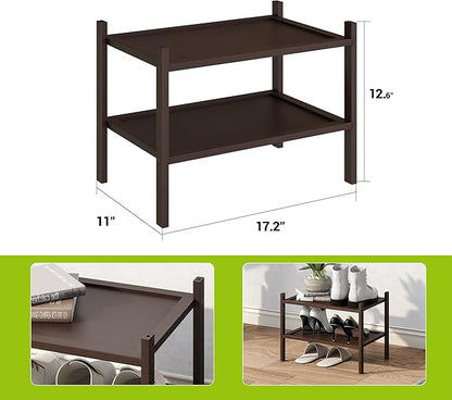 BMOSU 2-Tier Bamboo Small Shoe Rack Premium Stackable Shoe Shelf Storage Organizer for Hallway Closet Living Room Entryway Organizer(Brown)