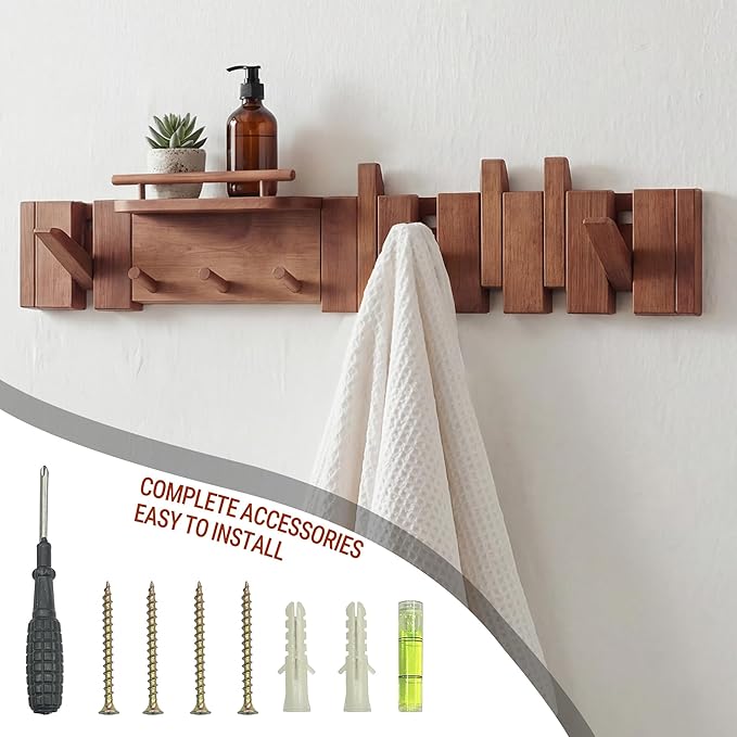 Mid Century Modern Walnut Foldable Entryway Wall Coat Hanger Hook with Shelf,Heavy Duty Wooden Piano Hidden Towel Hooks for Bathroom,Wall Rack for Purse&Key&Mail,Home Decor (Walnut, 9 Hooks)