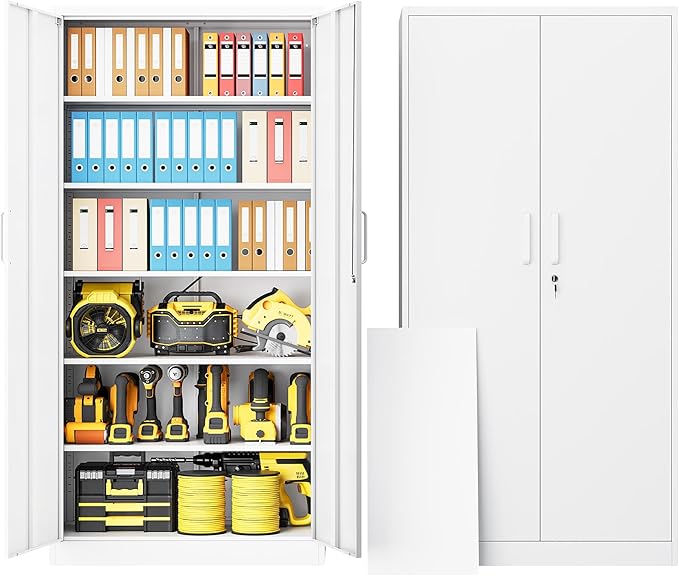 Metal Garage Storage Cabinet, 72" Tall White Tool Cabinet with Lockable Doors and 5 Adjustbale Shelves for Garage,HomeOffice