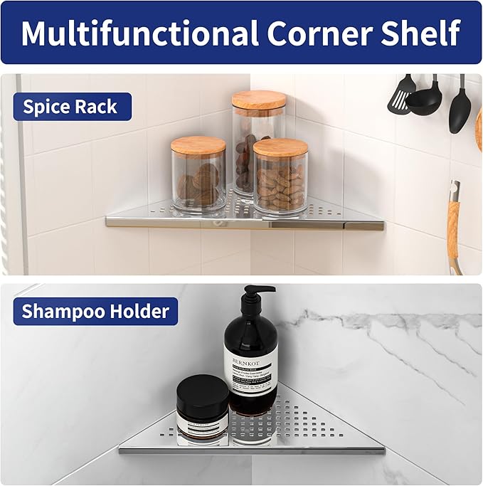 Corner Shower Shelf, 10" Polished 304 Stainless Steel Recessed Shelves for Bathroom, Grout in Shelf Racks for Tiled Wall, 2 Pack
