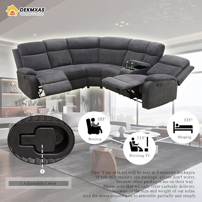 Living Room Furniture Sets, Grey Corduroy Sectional Manual Reclining Sofa Set with 2 Recliner Seats, 3PCS Recliner Secitonal Sofa with Cup Holders, Storage Console for Living Room, Office