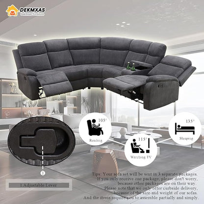 Living Room Furniture Sets, Grey Corduroy Sectional Manual Reclining Sofa Set with 2 Recliner Seats, 3PCS Recliner Secitonal Sofa with Cup Holders, Storage Console for Living Room, Office
