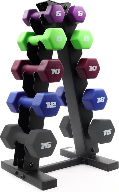 CAP Barbell 100 LB Set of Neoprene Dumbbells with Rack Color Series | 5, 8, 10, 12 and 15 LB pairs