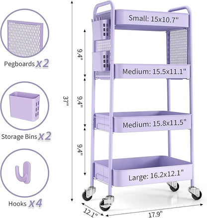 TOOLF 4 Tier Rolling Cart with Pegboard, Metal Storage Organizer Cart with Wheels, Hooks & Bins Esthetician Craft Art Sturdy Storage for Bathroom, Kitchen, Office, Nursery Diaper