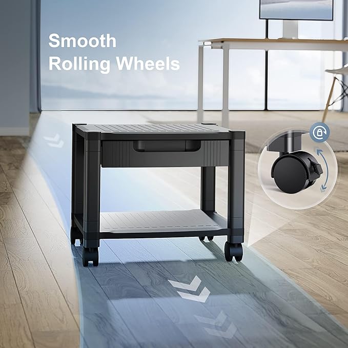 HUANUO Printer Stand with Cable Management and Storage Drawer, Printer Table with Locking Wheels, 14.1-inch Maximum Height Printer Cart for Under Desk, Home, Office, HNDPS