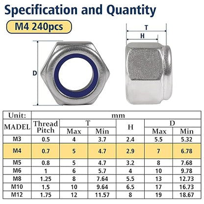 240 Pack M4-0.7mm Nylon Insert Lock Nuts，304 (A2-70) Stainless Steel Locknuts，Standard Metric Thread Nylock Nuts
