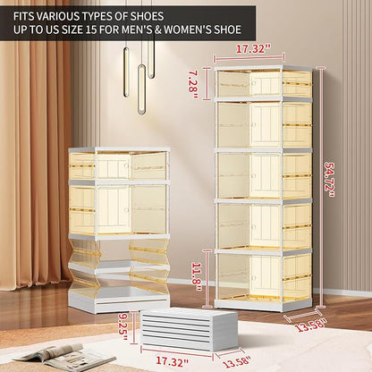 5-Tier Foldable Shoe Rack for Closet Entryway 5-10Pairs,Stackable Clear Shoe Storage Boxes Organizer with Door Plastic Shoe Cabinet Bins with Lids Shoes Shelf Easy Assembly Large