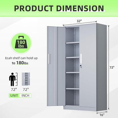 INTERGREAT Metal Storage Cabinet, 72" Locking Steel Cabinets with 2 Door and 4 Adjustable Shelves, Tall Metal Cabinet for Home Office, Garage, Warehouse,(Cement)