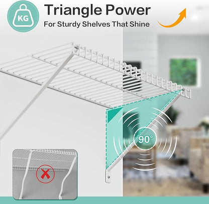 12 Pcs Support Brackets for Wire Shelving 12in Wire Shelf Support Bracket,Reinforced Anti-Sag Design with Anchors & Pins – Strong Shelf Brackets for Closet, Pantry & Storage (White)