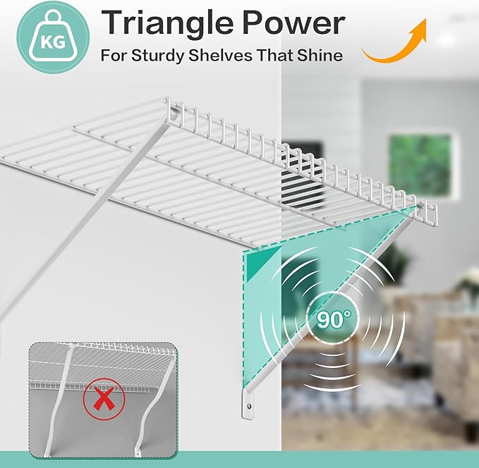 4 Pcs Wire Shelving Support Brackets 12in Wire Shelf Support Bracket,Reinforced Anti-Sag Design with Anchors & Pins – Strong Closet Shelf Brackets for Garage, Pantry & Storage (White)