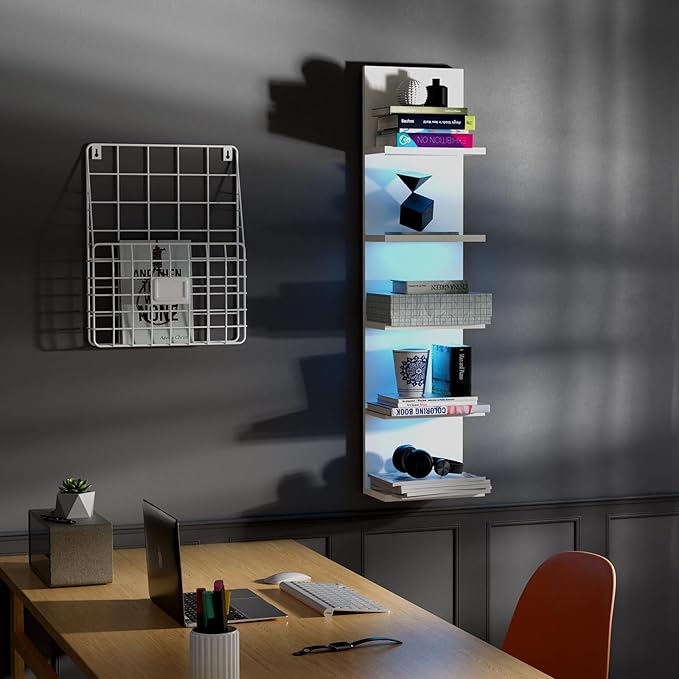 5-Tier Wall Shelf Unit with RGB Light, Floating Lack Shelf for Wall Storage, Wall Mounted Vertical Display Shelf for Bedroom Living Room Vanity, White