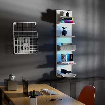 5-Tier Wall Shelf Unit with RGB Light, Floating Lack Shelf for Wall Storage, Wall Mounted Vertical Display Shelf for Bedroom Living Room Vanity, White