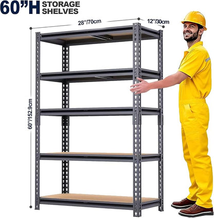 Heavy Duty Garage Shelving 2400 lbs, 28''×12''×60'' Metal Garage, Pantry Storage Shelves, Metal Shelf Rack, Adjustable Storage Shelves