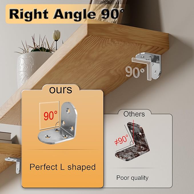 Alise 4Pcs Shelf Brackets,Stainless Steel Floating Shelf Brackets Corner Brackets,L Brackets for Shelves,90 Degree Angle Bracket, Heavy Duty Shelf Brackets for Wood Furniture (Brushed, 1.97X1.97 in)