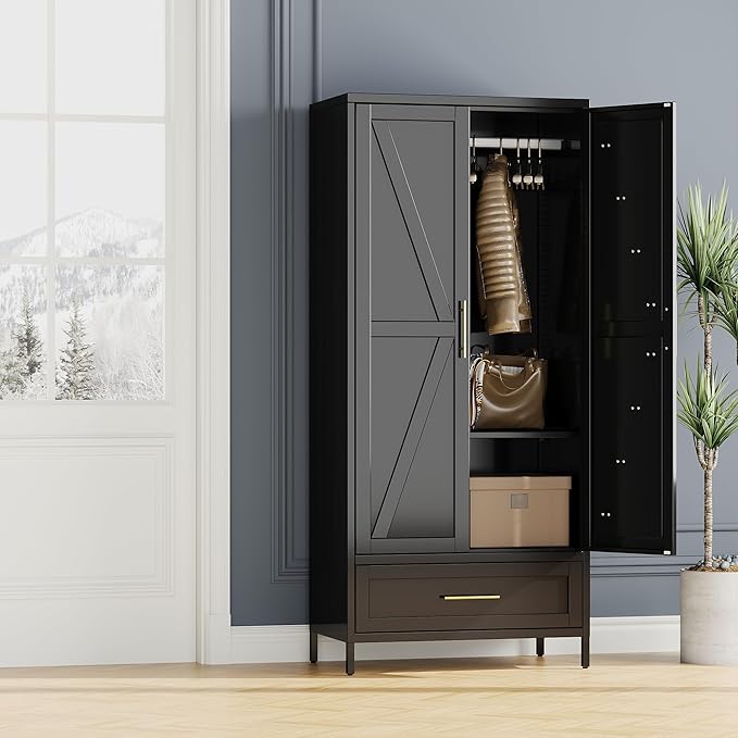 Aobabo Metal Wardrobe Cabinet with 1 Drawer, 71" H Metal Wardrobe Closet with 1 Adjustable Shelf and Hanging Rod for Home, Laundry Room, Bedroom, Black,Installation Required,