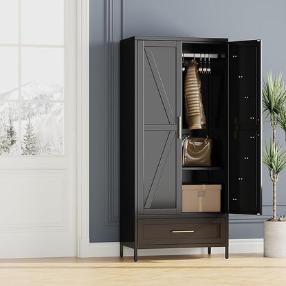Aobabo Metal Wardrobe Cabinet with 1 Drawer, 71" H Metal Wardrobe Closet with 1 Adjustable Shelf and Hanging Rod for Home, Laundry Room, Bedroom, Black,Installation Required,
