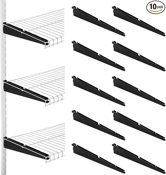 13-Inch Double-Track Wire Shelf Brackets, 10 Pack – Heavy-Duty Metal Shelving Supports for Twin-Track Wall Systems, Compatible with Wire Shelving and Wood Shelves, Black