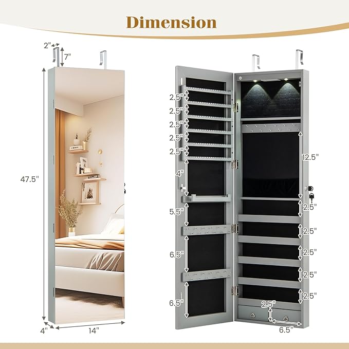 Giantex Wall or Door Mounted Jewelry Armoire with 47.5" Full Length Mirror, Lockable Cabinet with 2 LED Lights, 2 Drawers, Over the Door Large Jewelry Storage Organizer (Gray)