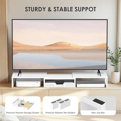 OPNICE White Dual Monitor Stand Riser, Metal Desk Organizers and Accessories with Drawer and 2 Pen Holders, Computer Monitor Stand for Desk
