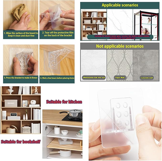 24 Pieces Adhesive Shelf Bracket, Punch Free Reinforced Design Shelf Support Pegs for Shelves Kitchen Cabinet Book Closet - Large Size