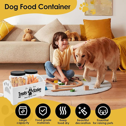 Dog Treat Container Wood Dog Food Storage Container with 2 Plastic Jars Rustic Cat Treat Container Practical Pet Treat Storage Organizer (White)