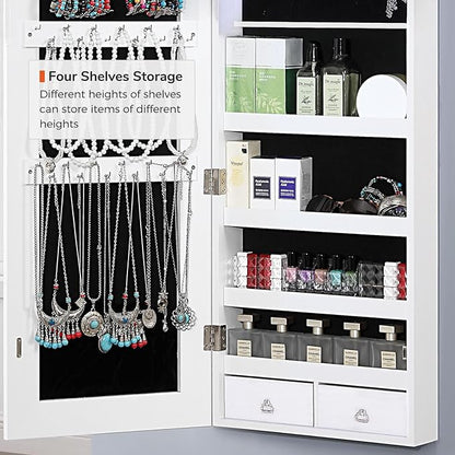 GISSAR Full Length Mirror Jewelry Cabinet, 6 LEDs Jewelry Armoire Wall Mounted Over The Door Hanging, Jewelry Organizer Storage with Lights Lockable, Bright White, 14.6" x 47.2"
