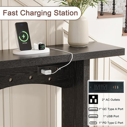 43" Console Table with Charging Station, Farmhouse Entryway Table, Entryway Table with Storage for Living Room or Foyer, Sofa Table for Hallway with Anti-Tip, Easy Assembly, Black