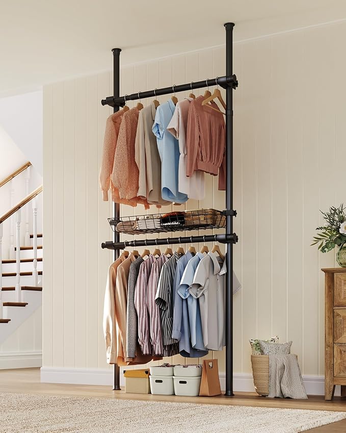 Floor-to-Ceiling Clothing Rack with Wire Storage Basket, Double Hanging Rods, Adjustable Tension Closet Organizer for Bedroom, Walk-In Closet, Laundry Room, 2-Pole, Black