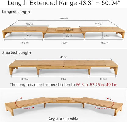 Nnewvante Monitor Stand Riser, 60 inch Large Bamboo Dual Monitor Stand for Desk, 3 Shelves Desktop Screen Riser with Adjustable Length Angle for Computer Laptop PC