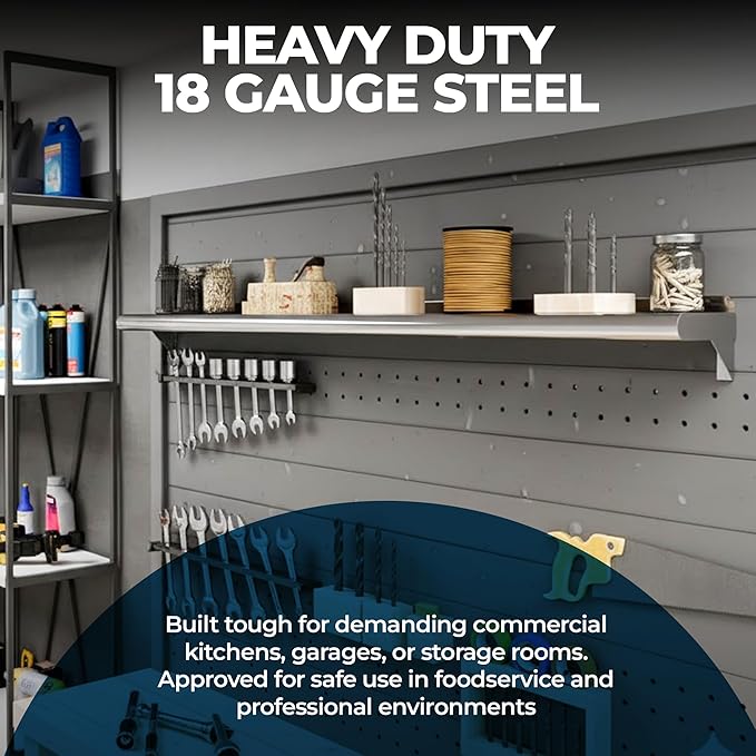 NSF Certified 18 Gauge Heavy Duty Stainless Steel Wall Shelf with Brackets for Kitchens, Utility Rooms, Storage, Offices & Home (60'x18)