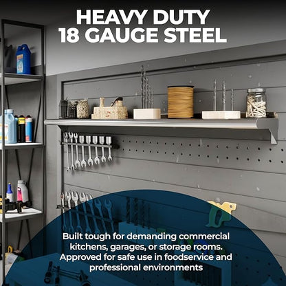 NSF Certified 18 Gauge Heavy Duty Stainless Steel Wall Shelf with Brackets for Kitchens, Utility Rooms, Storage, Offices & Home (16"x6")