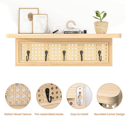 Homode Coat Rack Wall Mount with Shelf, Boho Rattan Entryway Wall Shelf with Hooks, Natural Wood Floating Shelves with 5 Pegs, Hanging Coat Hooks Hat Hanger for Nursery Bedroom Living Room Kitchen
