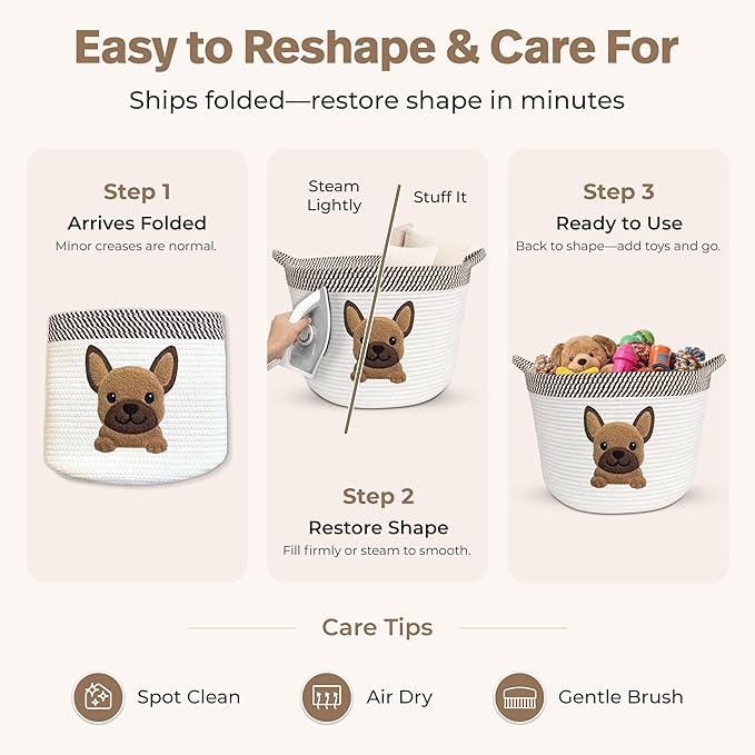 French Bulldog, Pug & Boston Terrier Dog Toy Basket, 15x11 Inch Woven Cotton Rope Storage Bin with Puppy Patch, Large Pet Organizer for Toys, Blankets, Leashes, Living Room Decor (Brown/Beige)