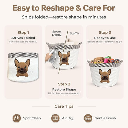 French Bulldog, Pug & Boston Terrier Dog Toy Basket, 15x11 Inch Woven Cotton Rope Storage Bin with Puppy Patch, Large Pet Organizer for Toys, Blankets, Leashes, Living Room Decor (Brown/Beige)