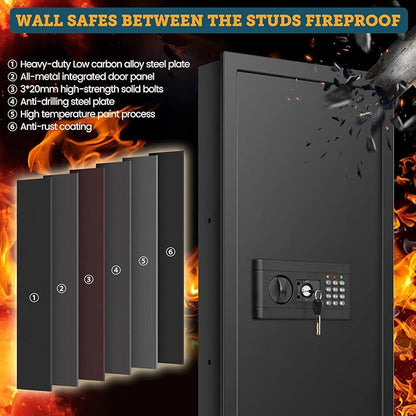 43.3'' Tall Fireproof Wall Safe Between Stud, Heavy Duty Flush In Wall Safe With Digital Keypad & Removable Shelf, Hidden Gun Safe, Security Home Wall Safes For Storage Firearms Money Medicine