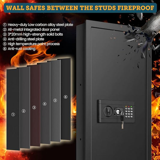 43.3'' Tall Fireproof Wall Safe Between Stud, Heavy Duty Flush In Wall Safe With Digital Keypad & Removable Shelf, Hidden Gun Safe, Security Home Wall Safes For Storage Firearms Money Medicine