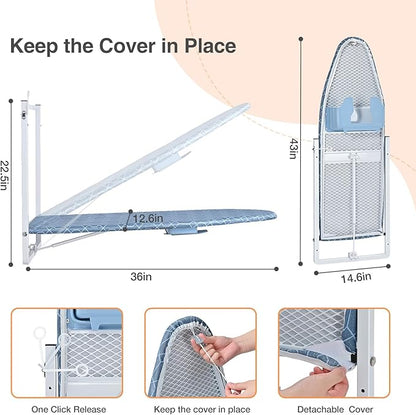 KINGBOARD Wall Mounted Ironing Board with Iron Holder, Compact Ironing Board for Small Spaces, Foldable Iron Stand Heat Resistant Cover, 36" X 12" Deep Blue