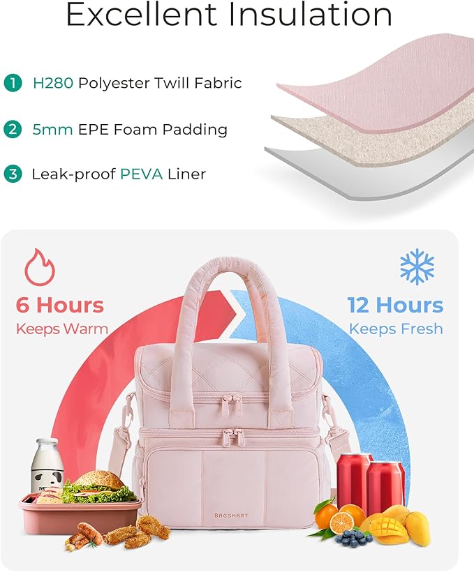 BAGSMART Lunch Bag Women, Double Deck Insulated Lunch Box, Quilted Puffer Lunch Tote, Leakproof, Durable & Reusable Large Lunch Cooler For Work Picnic Travel Meal Prep, Camel