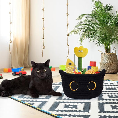 Small Storage Basket, Black Cat Cotton Rope Baskets Woven Blasket for Nursery, Blanket Basket Baby Toy Storage Organizer With Ears for Gifts Cat Dog Bin Toys 8.5×4.5 inches