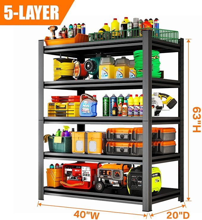 40" W x 20" D Metal Shelving Unit, 5-Tier Garage Storage Shelves, Adjustable Shelf Rack Organizer for Garage Kitchen Warehouse Pantry Basement, Steel Rust-Resistant, 39.4" W x 19.7" D x 63" H, Black
