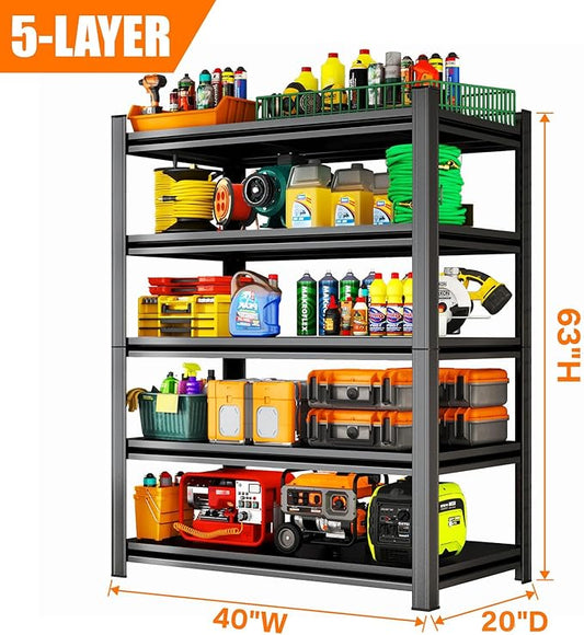 40" W x 20" D Metal Shelving Unit, 5-Tier Garage Storage Shelves, Adjustable Shelf Rack Organizer for Garage Kitchen Warehouse Pantry Basement, Steel Rust-Resistant, 39.4" W x 19.7" D x 63" H, Black