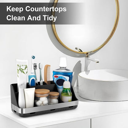 Black Toothbrush Holder - 7 Slots Bathroom Organizer Countertop with Drainage Matte Black Electric Toothbrush and Toothpaste Holder for Bathroom Accessories Sink Storage