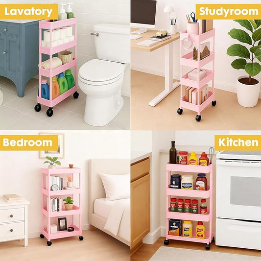 ShellKingdom 4 Tier Bathroom Storage Organizer, Slim Rolling Storage Cart for Narrow Space, Mobile Shelving Unit with Lockable Wheels and Hooks for Bathroom, Kitchen, Laundry Movable Shelf (Pink)