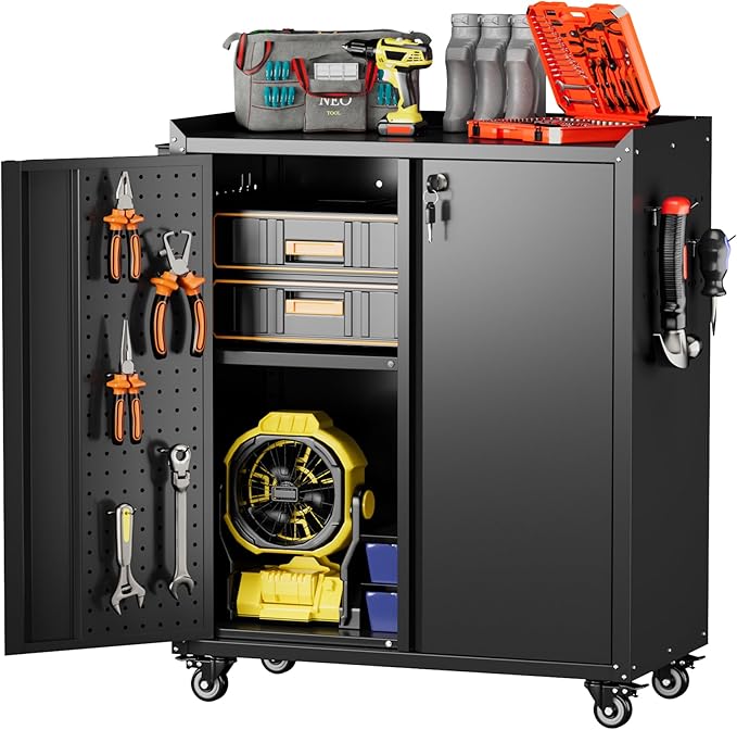 31.5" H Garage Storage Cabinet with Wheels, Lockable Small Metal Storage Cabinet with Doors and Shelf, Pegboard and 4 Hooks for Garage, Home, Workshops, Assembly Required, Black