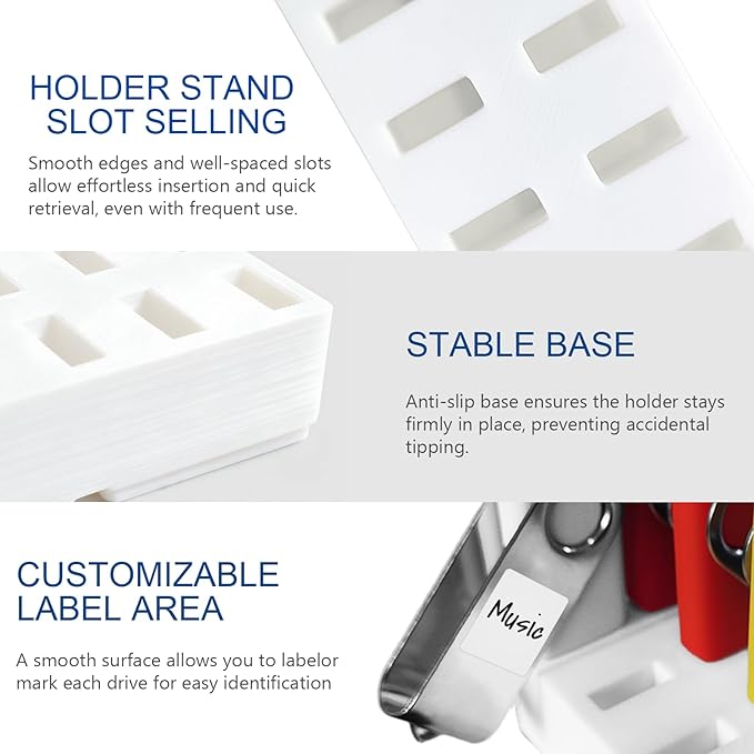 JBOS 10-Slot USB Flash Drive Holder Stand, Desktop Organizer Rack for Memory Sticks, Jump Drives & Electronic Accessories, Office Desk Storage,White