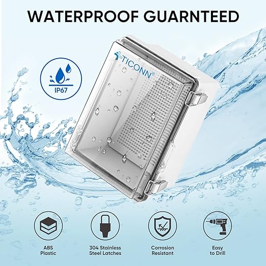 TICONN Outdoor Electrical Box Waterproof, Junction Box IP67 ABS Plastic Enclosure with Hinged Cover with Mounting Plate, Wall Brackets, Cable Glands (Clear, 15.7"x11.8"x7.1")