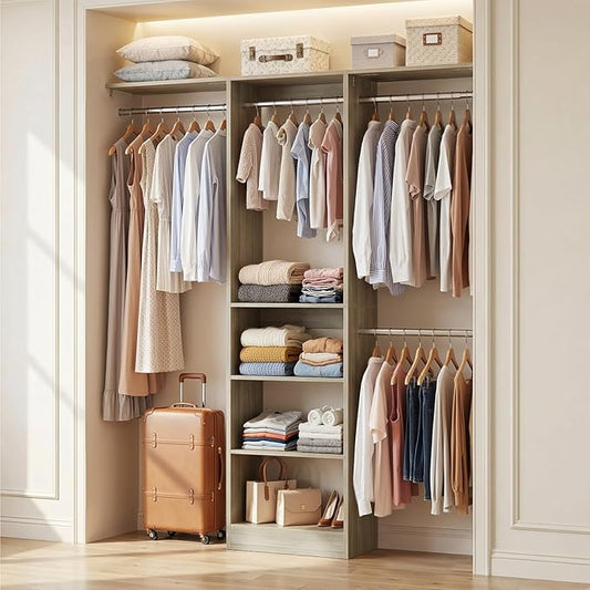 Cyclysio 4FT Small Closet System, 80"H Closet Organizer System with 4 Closets Rods & 3 Shelves, 48" Closets Organizers and Storage for Small Bedrooms, Laundry Rooms, Cloakrooms, White Oak